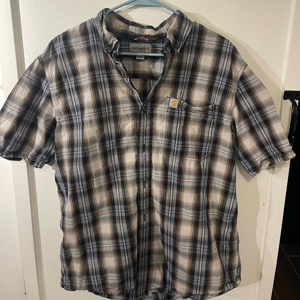 Carhartt Mens Button Down Shirt Size Large Steel Blue / Gray Black Plaid